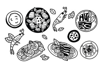 A black and white drawing of a variety of foods, including shrimp, fish