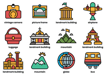 A variety of travel-related icons, including airplanes, suitcases, and landmarks