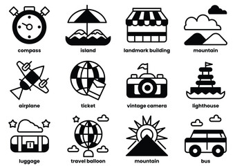 The image is a collection of various travel-related icons, including airplanes