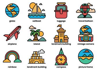 These icons include a plane, a boat, a suitcase, a camera, a clock
