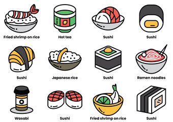 A collection of Japanese food items including sushi, ramen, and tempura