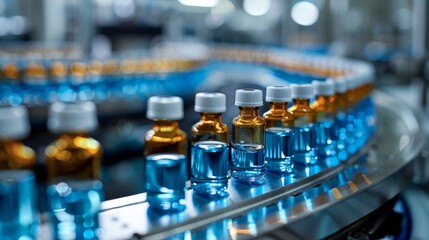 A production line of medical vials in a pharmaceutical factory. Clear and amber bottles filled with liquid medicines ready for distribution.