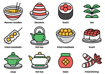 A set of food icons including ramen noodles, dessert, sushi, tea