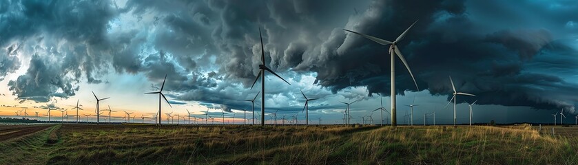 A field of wind turbines under a stormy sky.
