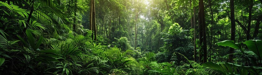 A lush and vibrant rainforest, filled with an abundance of exotic plants and wildlife