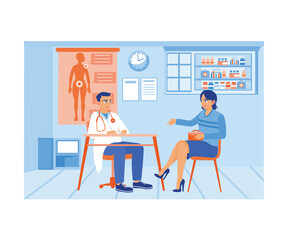 Female patient visiting a doctor in the hospital. Consult and check your health. Medical Consultation concept. Flat vector illustration.
