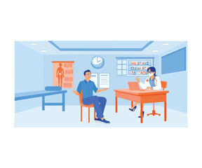 Female doctor wearing a mask. A male patient is doing a health check in the workroom. Medical Consultation concept. Flat vector illustration.