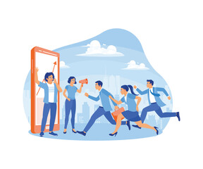 Men and women invite friends via social media. Business partnership strategy to improve marketing. Job referral concept. Flat vector illustration.