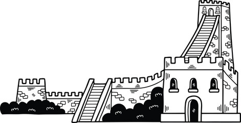 Illustration of Chinese buildings and the Great Wall Hand drawn in line style.