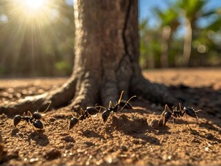 A large group of black ants was fighting termites on a tree in the afternoon. Sunlight shines on the ground, creating shadows.