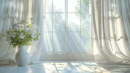 A serene sunlit room featuring a white vase filled with delicate white flowers, with sunlight streaming through sheer curtains and a large window. Backdrop for photoshoot, product display podiums

