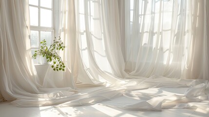 Sunlit room with flowing white curtains and a green plant by the window, creating a serene and airy atmosphere. Backdrop for photoshoot