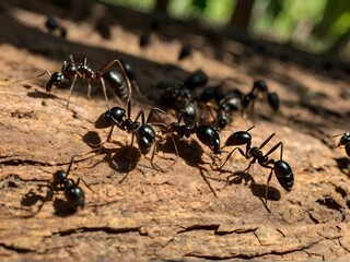 A large group of black ants was fighting termites on a tree in the afternoon. Sunlight shines on the ground, creating shadows.