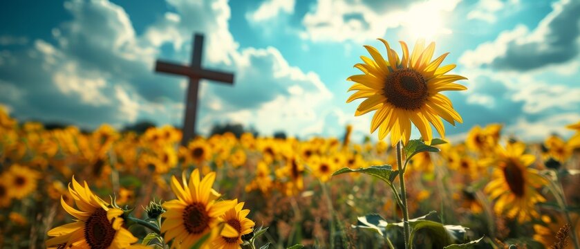 A vibrant field of sunflowers under a bright blue sky with a wooden cross in the background. Perfect for nature, spirituality, and summer themes.