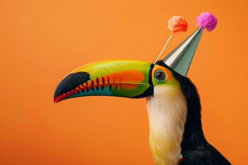 Obraz premium cheerful toucan wearing colorful party hats