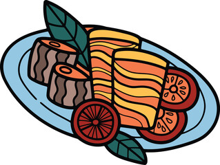 Appetizing salmon in food Hand drawn in line style