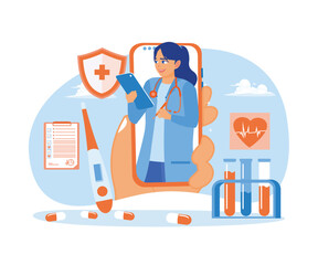 Female doctor on mobile phone screen. Providing online medical services to patients. Online Medical Consultation concept. Flat vector illustration.