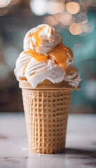 Close-up of a waffle cone filled with vanilla ice cream topped with caramel sauce. The background is blurred with bokeh lights, giving a festive feel. Ice Cream Month.