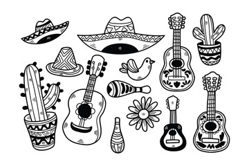 collection of various musical instruments and hats, including a guitar