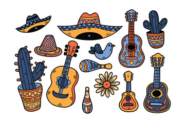 collection of various musical instruments and hats, including a guitar
