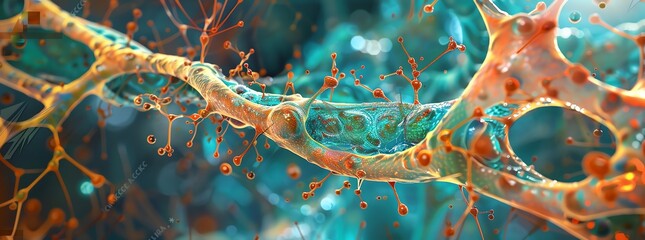 Microscopic close-up of vibrant neural connections and synapses in the brain, showing detailed and colorful biological structures.