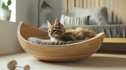 A cat bed with a builtin toy, 3D render, cozy and functional, stylish design
