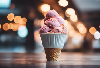 A stack of pink ice cream scoops in a white cup placed on a waffle cone, with a blurred background of warm lights. Ice Cream Month. - Powered by Adobe
