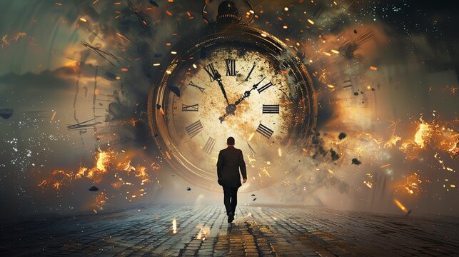 Man walking towards a giant exploding clock, symbolizing the concept of time, dreams, and surrealism in a dramatic and fantastical scene.