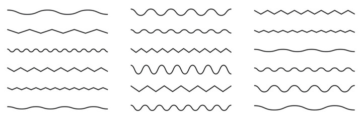 Wave line and wavy zigzag pattern lines. Vector black underlines, smooth end squiggly horizontal curvy squiggles on white background.