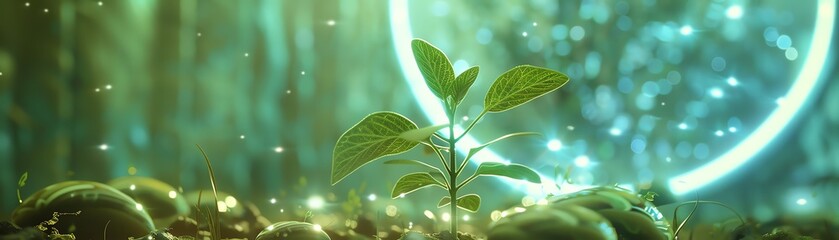 A small plant growing in a magical, glowing forest setting with vibrant green colors and light particles creating an enchanting atmosphere.