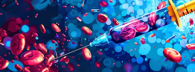 A vibrant illustration of a syringe extracting red blood cells on a blue background, symbolizing medical and scientific concepts.