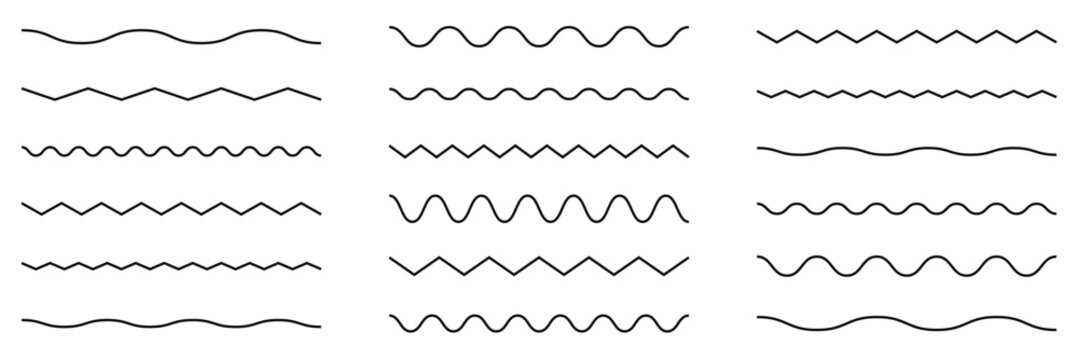 Wave line and wavy zigzag pattern lines. Vector black underlines, smooth end squiggly horizontal curvy squiggles on white background.