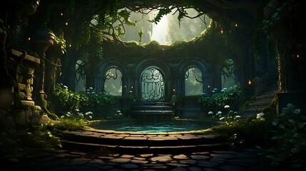 podium background with covered in ivy, set in a mystical woodland glade with sunlight filtering through the trees, feeling of enchantment and nature