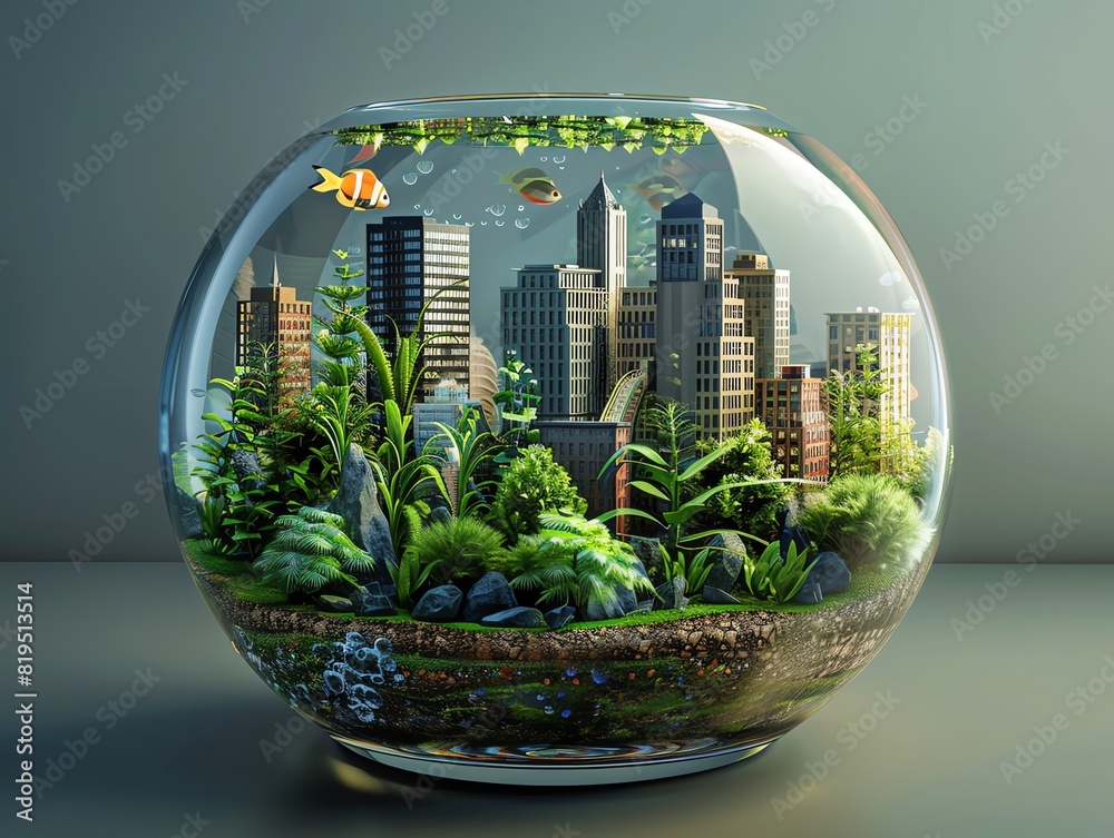 Wall mural A fish bowl with an underwater cityscape, 3D render, detailed miniature buildings, vibrant aquatic plants - Wall murals