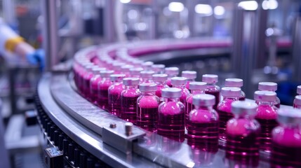 Assembly line with bottles of pink liquid on conveyor belt in pharmaceutical factory, focus on production and automation in modern industry.