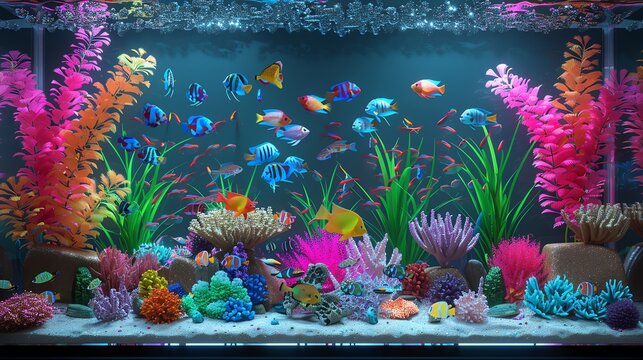 A fish tank with a carnival theme, 3D render, vibrant colors, detailed decorations