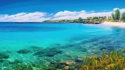 Fototapeta premium Vibrant beach scene with blooming flowers and fresh grass. Stunning beach landscape featuring flowers and greenery.