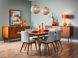 Dining Room In Mid Century Style  with copy space for Commercial Photography