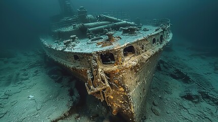 A sunken warship, with its cannons still visible, resting on the seabed..illustration graphic