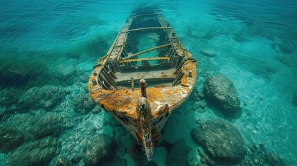 The skeletal frame of a ship, lying in shallow, clear waters near the shore..stock image