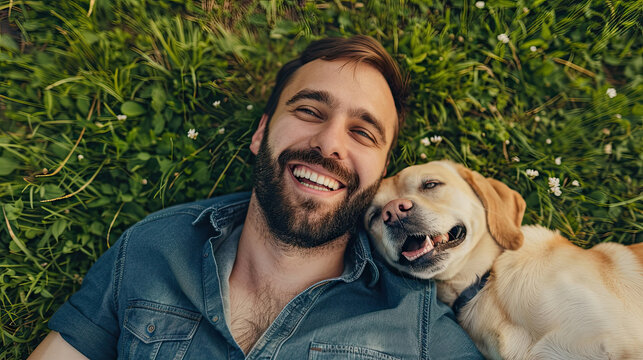 Happy man is laying on the grass with his dog, top view