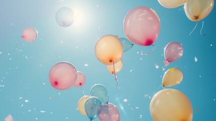 Fototapeta premium A bunch of variously-colored balloons float upwards against a backdrop of blue sky and bright sunlight.