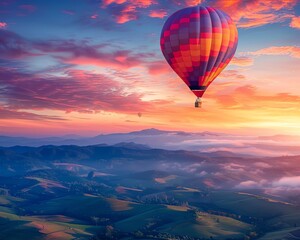 Fototapeta premium A hot air balloon floats over a stunning landscape of mountains and valleys