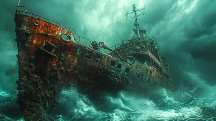 A rusted, abandoned ship, stuck on a reef and surrounded by crashing waves..illustration