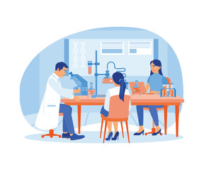 Scientists and doctors work in the laboratory. Conduct medical research. Laboratory concept. Flat vector illustration.