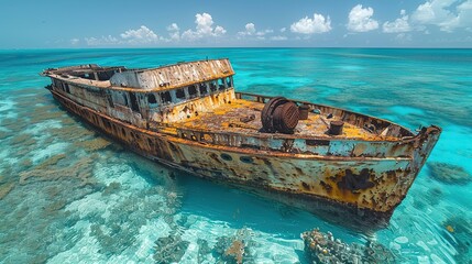 An old, rusted ship lying on its side in shallow, turquoise waters..stock photo