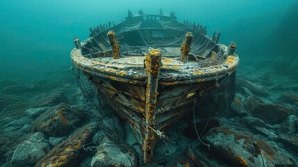 The wreck of a fishing boat, its nets still visible, caught on underwater rocks..illustration graphic