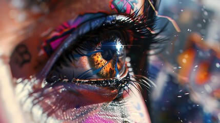 Capture a close-up of a models eye reflecting urban graffiti, blending fashion trends with...