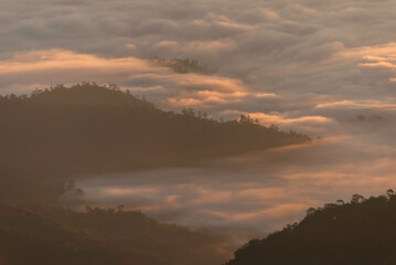 Mountain valley during sunrise. Natural summer landscape