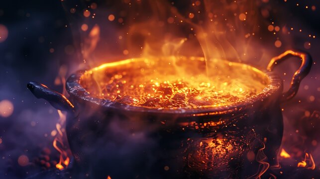 Focus on a detailed shot of a simmering cauldron
